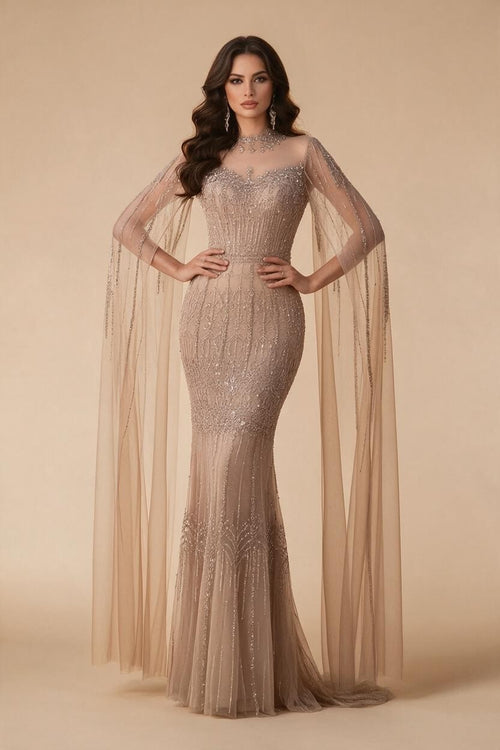 Zapdress Customized Turquoise Beaded Mermaid Evening Dress with Cape Sleeves 2026 Formal Party Gowns for Women DLA72714AA (ZD17229)