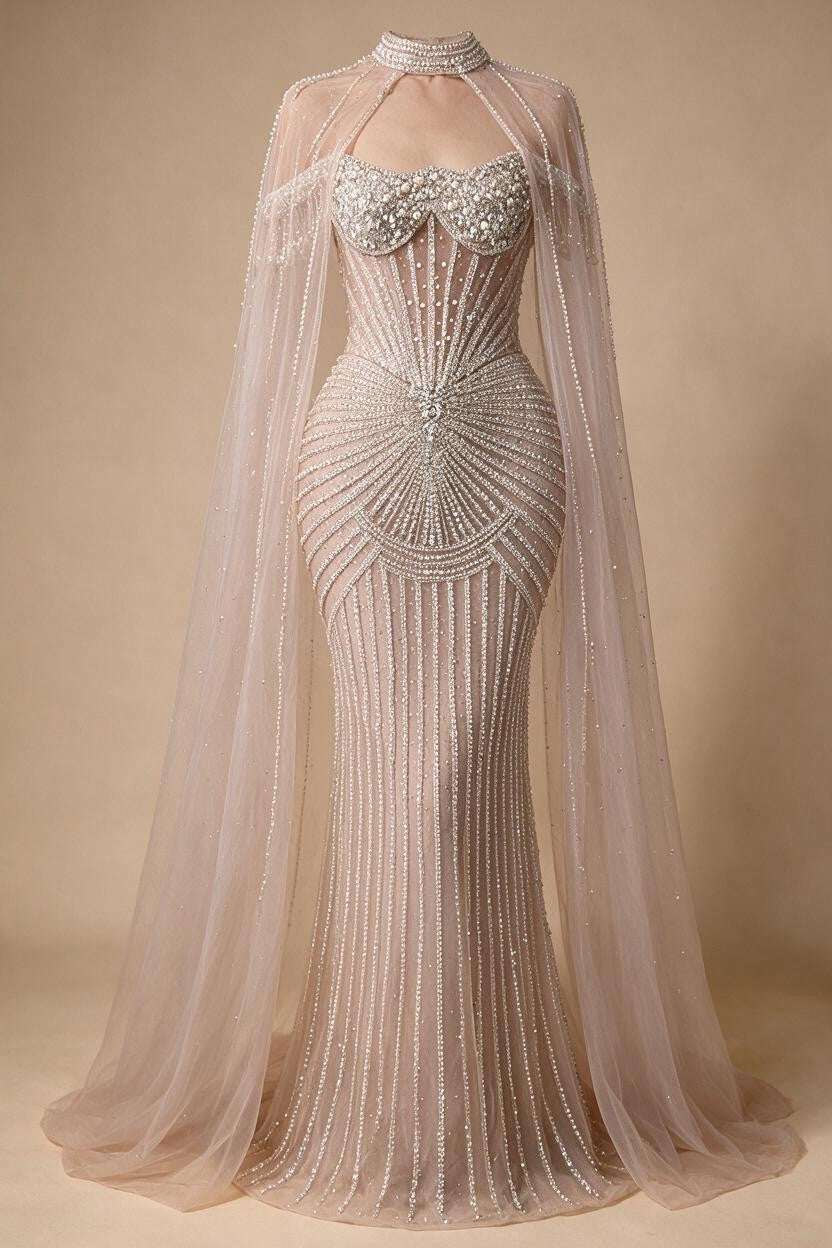 Zapdress Caramel Pearl Beaded Illusion Mermaid Evening Gown 2026 Party Dresses with Sheer Cape DLA73148C Customized (ZD17234)