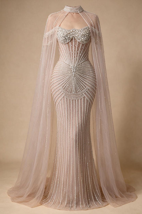Zapdress Caramel Pearl Beaded Illusion Mermaid Evening Gown 2026 Party Dresses with Sheer Cape DLA73148C Customized (ZD17234)