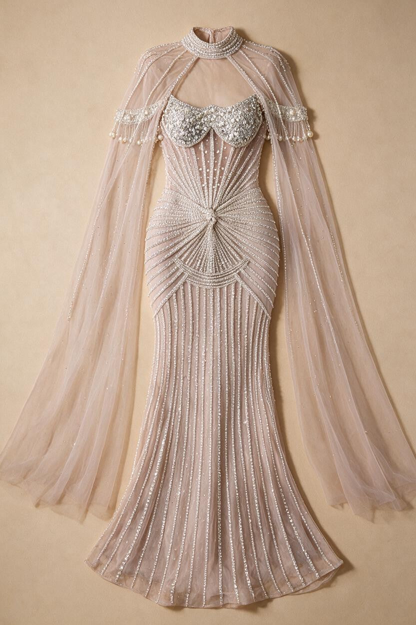 Zapdress Caramel Pearl Beaded Illusion Mermaid Evening Gown 2026 Party Dresses with Sheer Cape DLA73148C Customized (ZD17234)