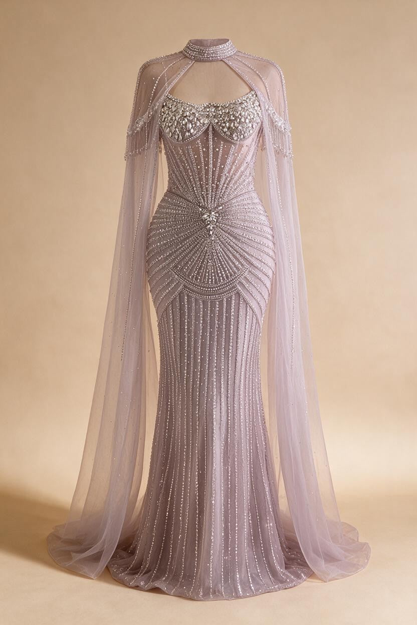 Zapdress Caramel Pearl Beaded Illusion Mermaid Evening Gown 2026 Party Dresses with Sheer Cape DLA73148C Customized (ZD17234)