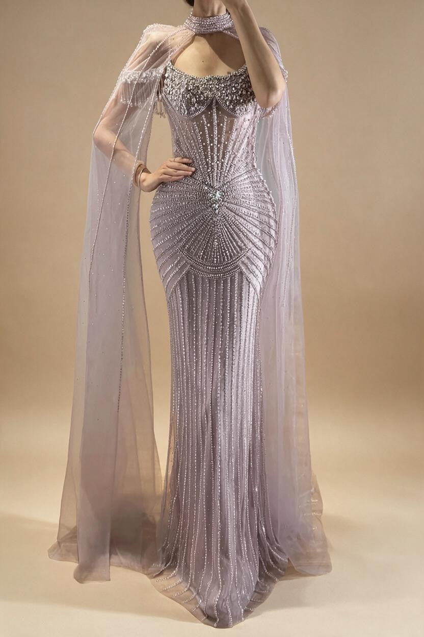 Zapdress Caramel Pearl Beaded Illusion Mermaid Evening Gown 2026 Party Dresses with Sheer Cape DLA73148C Customized (ZD17234)