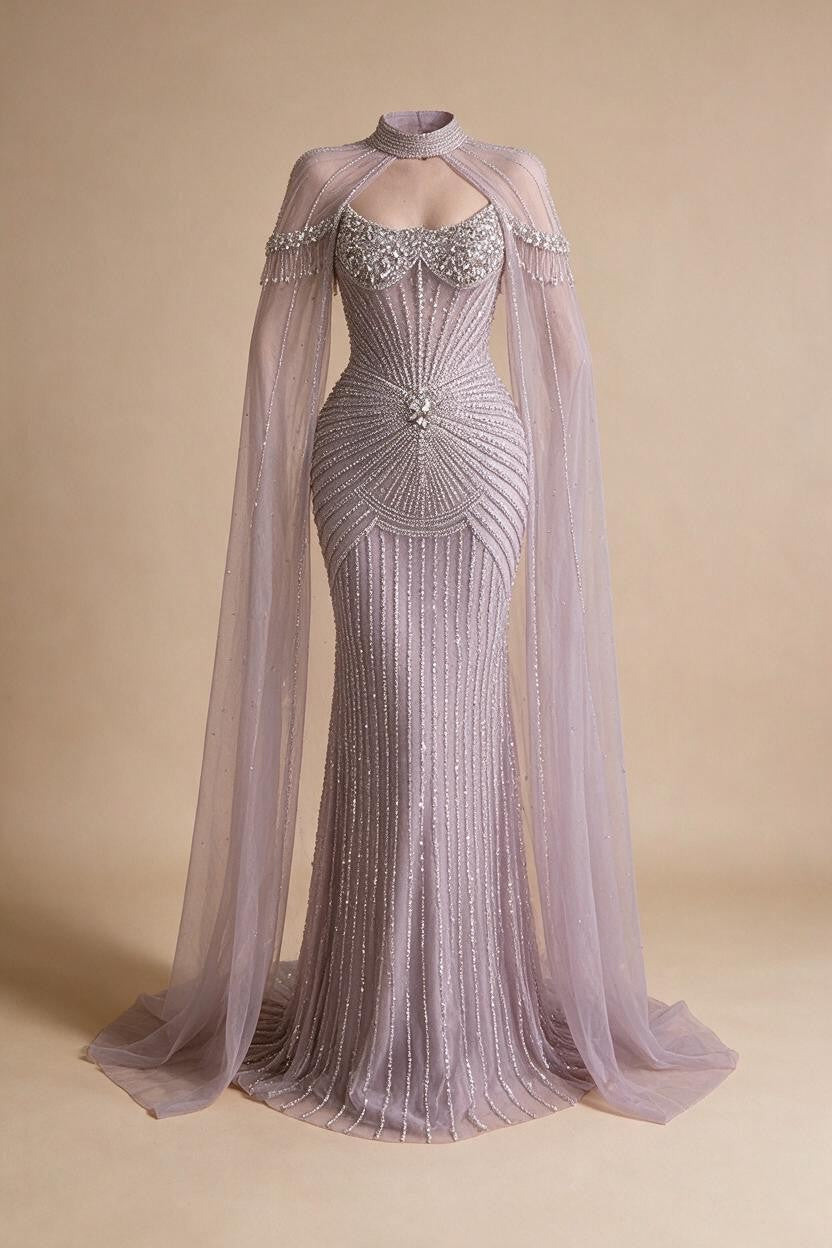Zapdress Caramel Pearl Beaded Illusion Mermaid Evening Gown 2026 Party Dresses with Sheer Cape DLA73148C Customized (ZD17234)