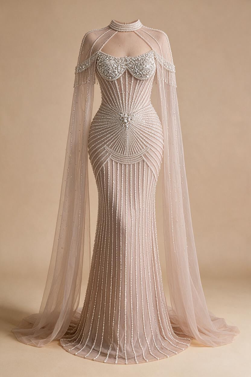 Zapdress Caramel Pearl Beaded Illusion Mermaid Evening Gown 2026 Party Dresses with Sheer Cape DLA73148C Customized (ZD17234)
