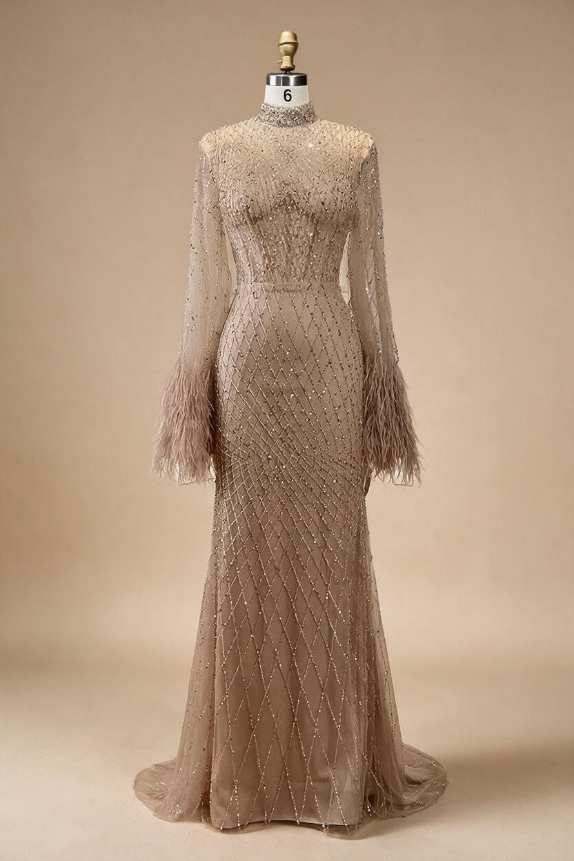 Zapdress Nude High Neck Long Sleeves Feathers Mermaid Beaded Evening Dress Party Gowns for Women DLA72394 Customized (ZD17242)