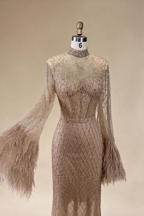 Zapdress Nude High Neck Long Sleeves Feathers Mermaid Beaded Evening Dress Party Gowns for Women DLA72394 Customized (ZD17242)