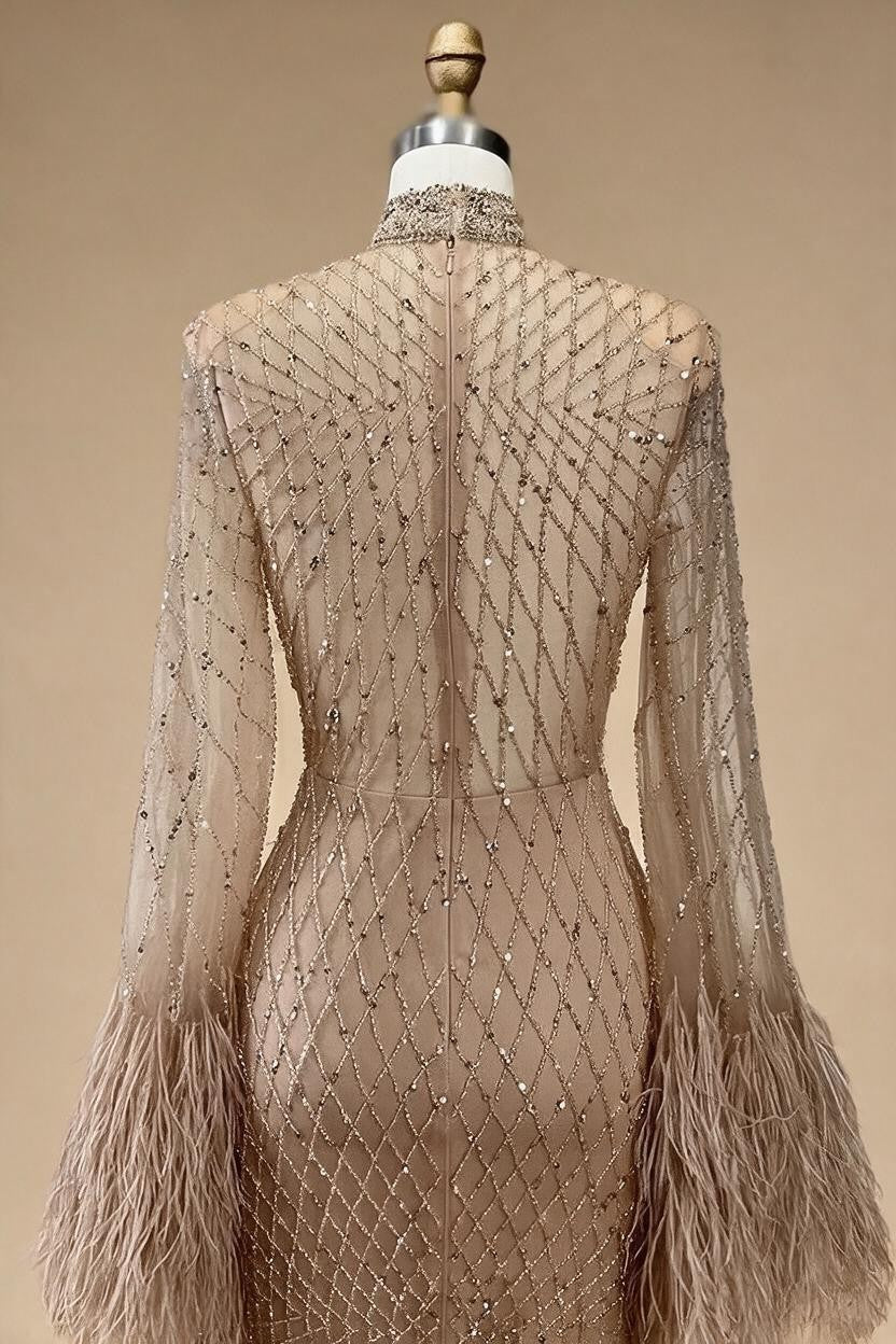 Zapdress Nude High Neck Long Sleeves Feathers Mermaid Beaded Evening Dress Party Gowns for Women DLA72394 Customized (ZD17242)