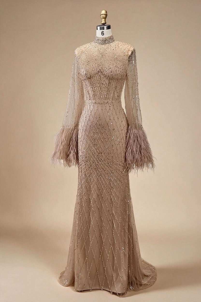 Zapdress Nude High Neck Long Sleeves Feathers Mermaid Beaded Evening Dress Party Gowns for Women DLA72394 Customized (ZD17242)