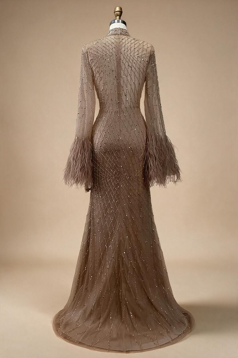 Zapdress Nude High Neck Long Sleeves Feathers Mermaid Beaded Evening Dress Party Gowns for Women DLA72394 Customized (ZD17242)