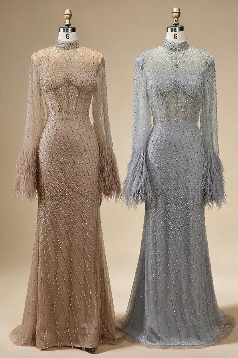 Zapdress Nude High Neck Long Sleeves Feathers Mermaid Beaded Evening Dress Party Gowns for Women DLA72394 Customized (ZD17242)