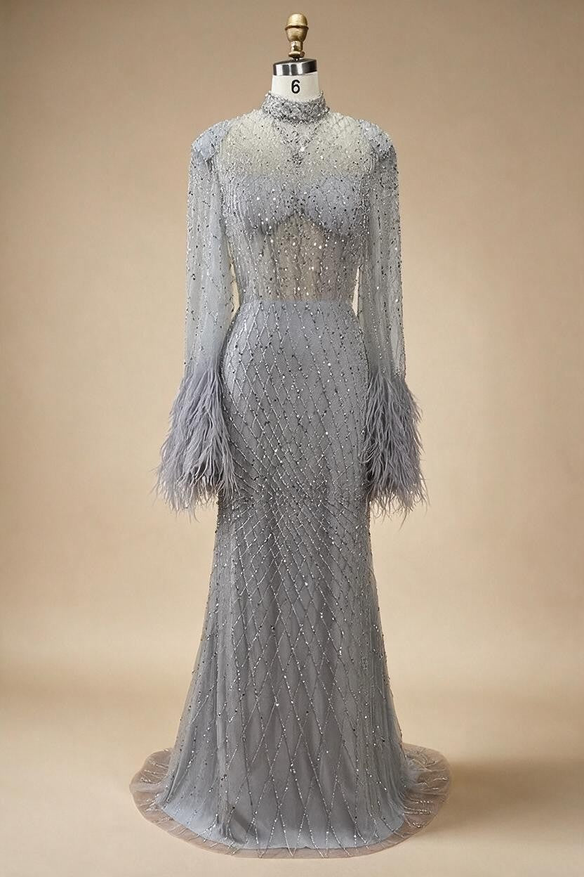 Zapdress Nude High Neck Long Sleeves Feathers Mermaid Beaded Evening Dress Party Gowns for Women DLA72394 Customized (ZD17242)