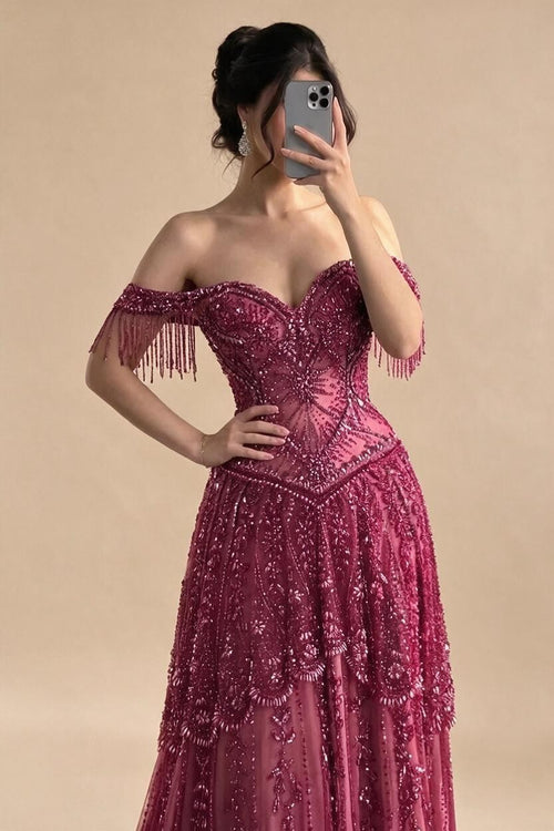 Zapdress 2026 Off-Shoulder Fuchsia Beaded Evening Dress Elegant Wedding Party Gown for Women DLA73594 Customized (ZD17243)