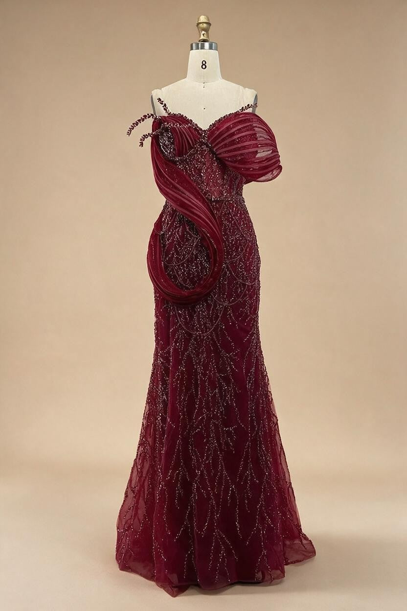 Zapdress Wine Red Mermaid One Shoulder Beaded Cut Out Evening Dresses Classic Party Gowns for Women DLA72455 Customized (ZD17246)