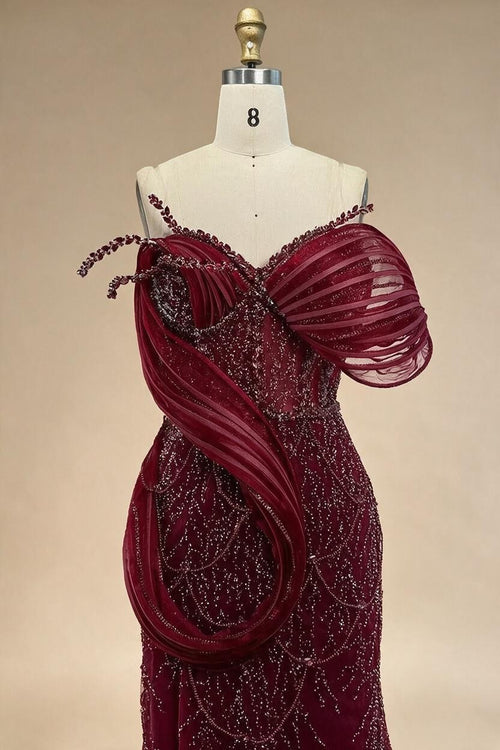 Zapdress Wine Red Mermaid One Shoulder Beaded Cut Out Evening Dresses Classic Party Gowns for Women DLA72455 Customized (ZD17246)