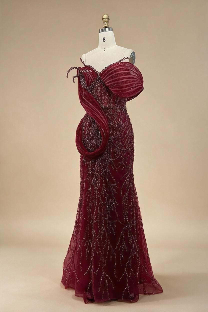 Zapdress Wine Red Mermaid One Shoulder Beaded Cut Out Evening Dresses Classic Party Gowns for Women DLA72455 Customized (ZD17246)