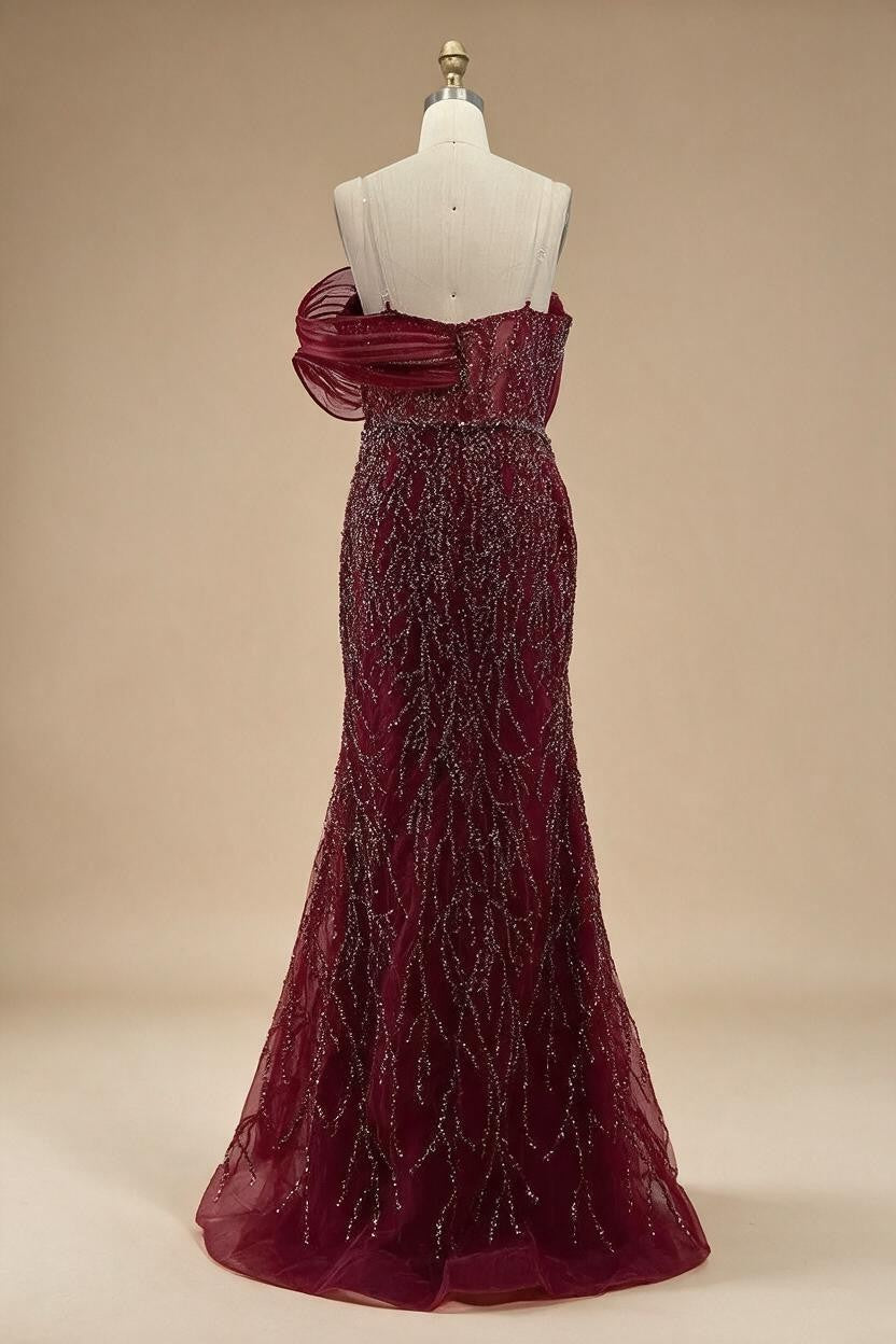 Zapdress Wine Red Mermaid One Shoulder Beaded Cut Out Evening Dresses Classic Party Gowns for Women DLA72455 Customized (ZD17246)