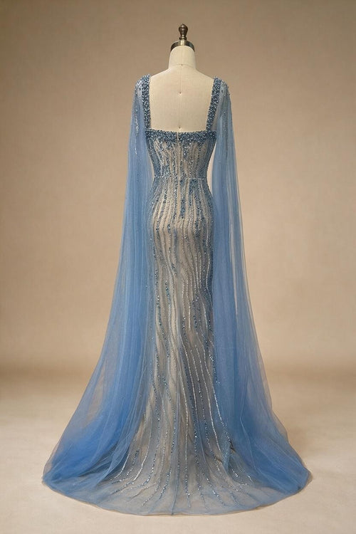 Zapdress Blue Mermaid Beaded Evening Dresses with Cape Sleeves Wedding Party Gowns for Women DLA71715 Customized (ZD17247)