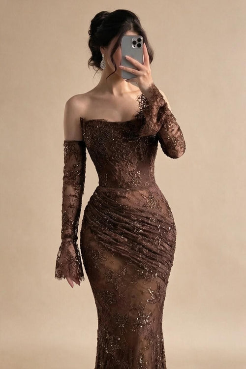Zapdress Brown Lace Evening Gown Elegant Mermaid Ruched Slim Fit Party Dress for Women DLA73484 Customized (ZD17257)