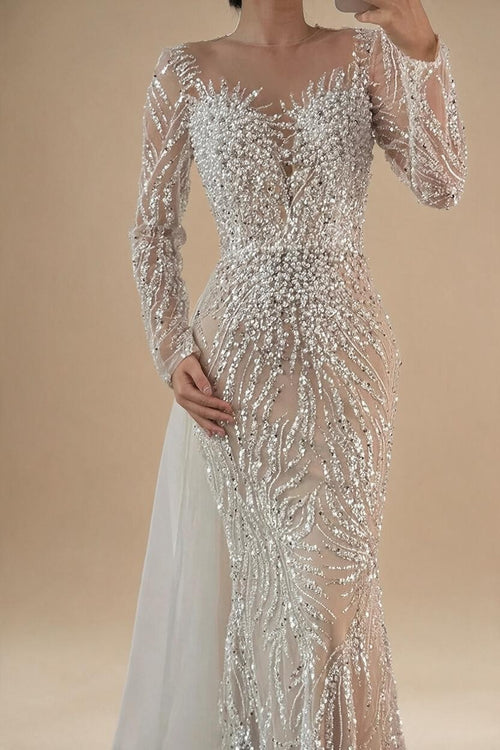 Zapdress White Nude Long Sleeves Mermaid Pearls Beaded Evening Dress with Train Wedding Party Gowns DLA72634A Customized (ZD17262)