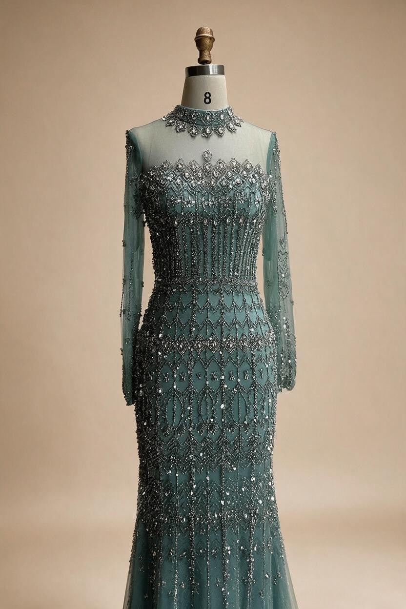 Zapdress High Neck Long Sleeves Beaded Mermaid Evening Dress Muslim Wedding Party Gowns for Women DLA72714C Customized (ZD17264)