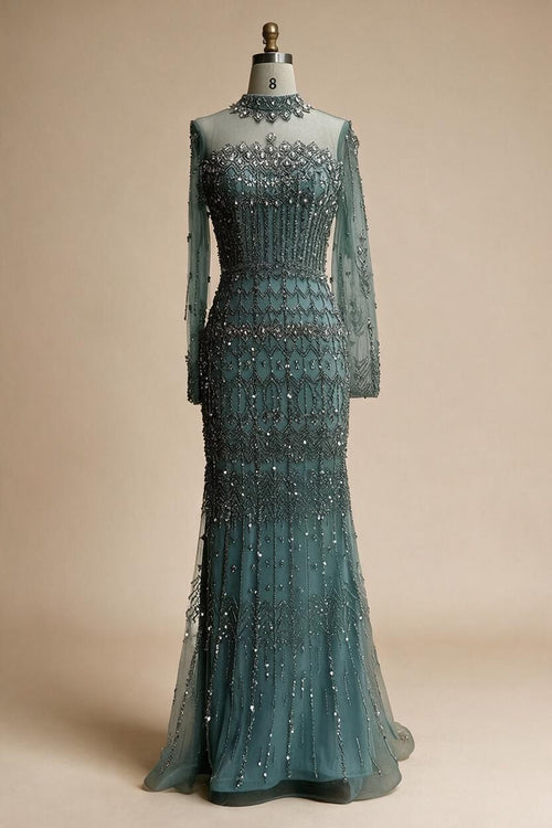 Zapdress High Neck Long Sleeves Beaded Mermaid Evening Dress Muslim Wedding Party Gowns for Women DLA72714C Customized (ZD17264)
