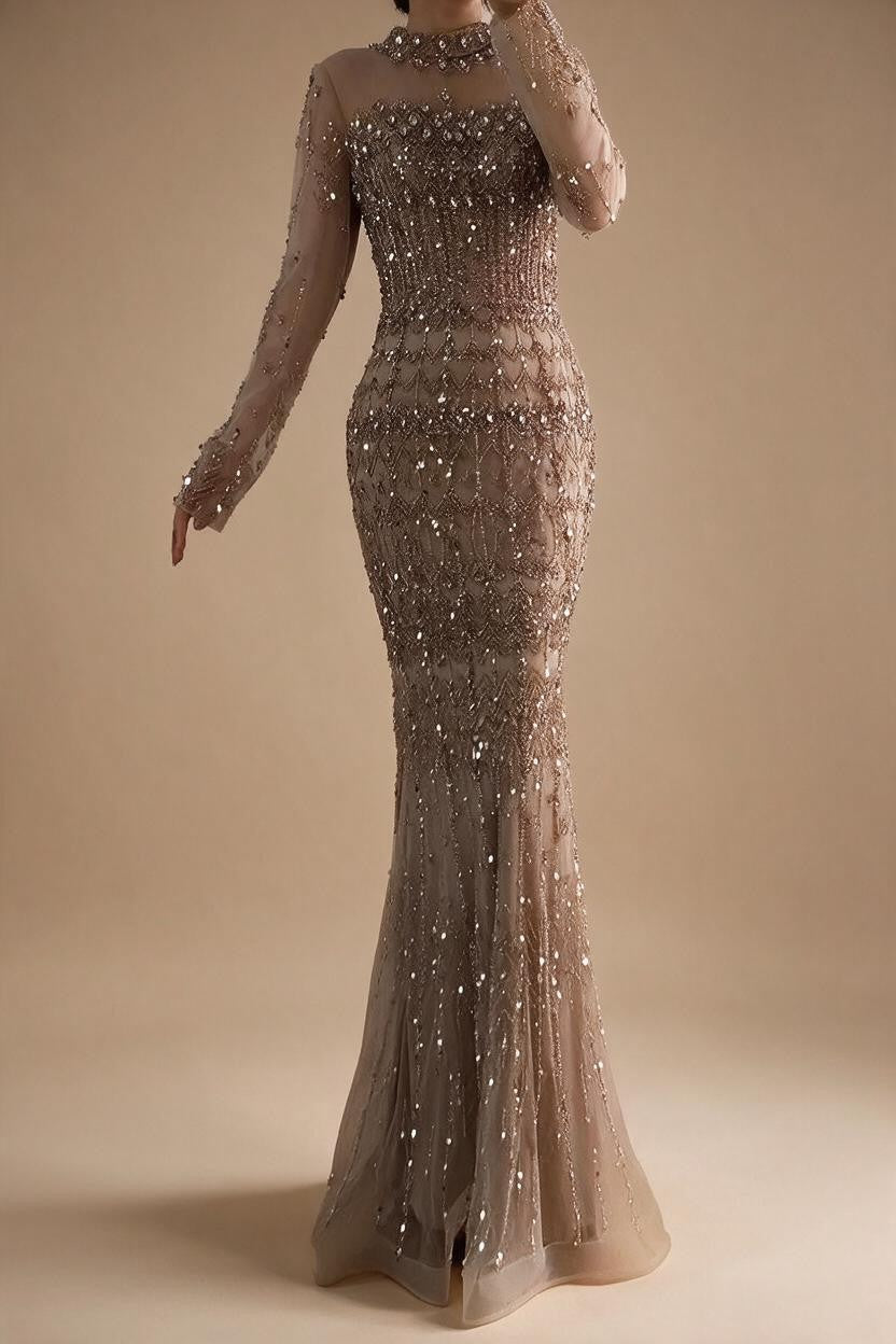 Zapdress High Neck Long Sleeves Beaded Mermaid Evening Dress Muslim Wedding Party Gowns for Women DLA72714C Customized (ZD17264)