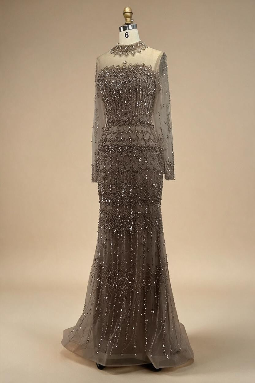 Zapdress High Neck Long Sleeves Beaded Mermaid Evening Dress Muslim Wedding Party Gowns for Women DLA72714C Customized (ZD17264)