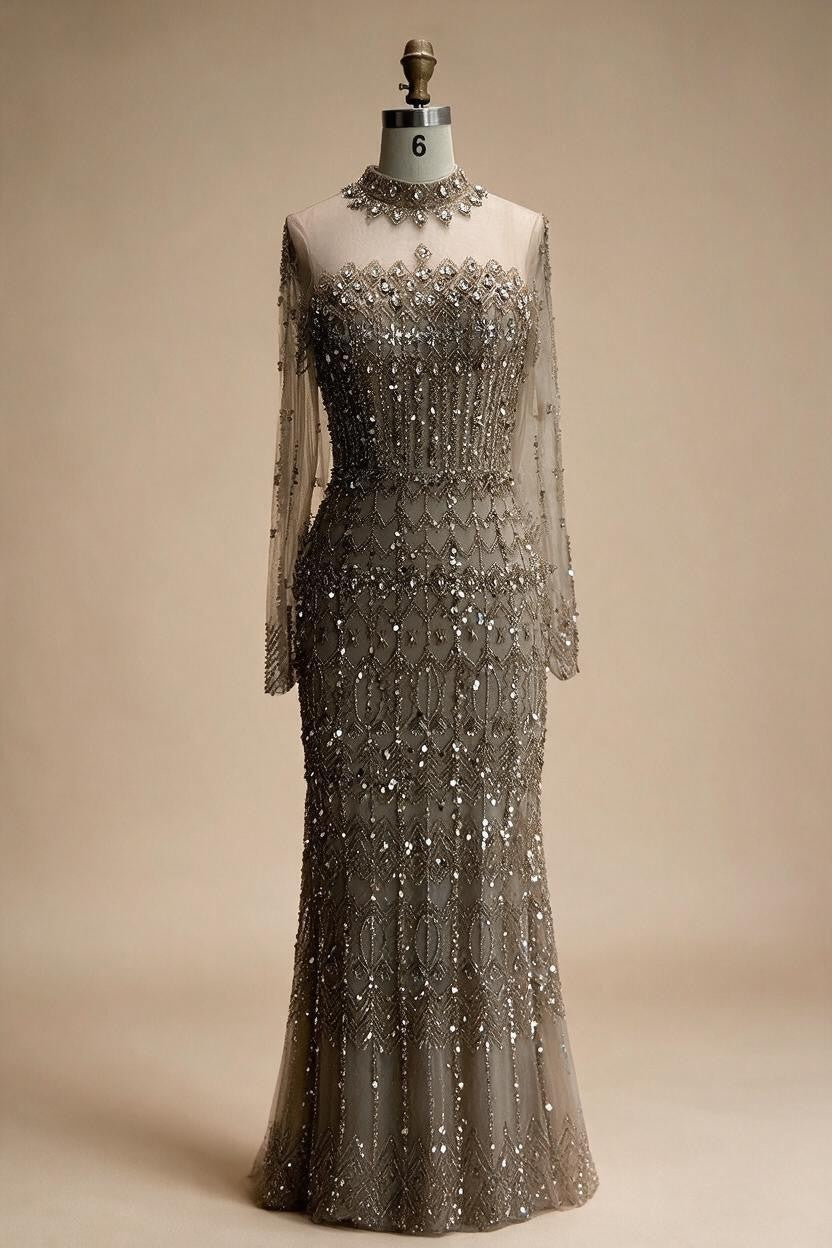 Zapdress High Neck Long Sleeves Beaded Mermaid Evening Dress Muslim Wedding Party Gowns for Women DLA72714C Customized (ZD17264)