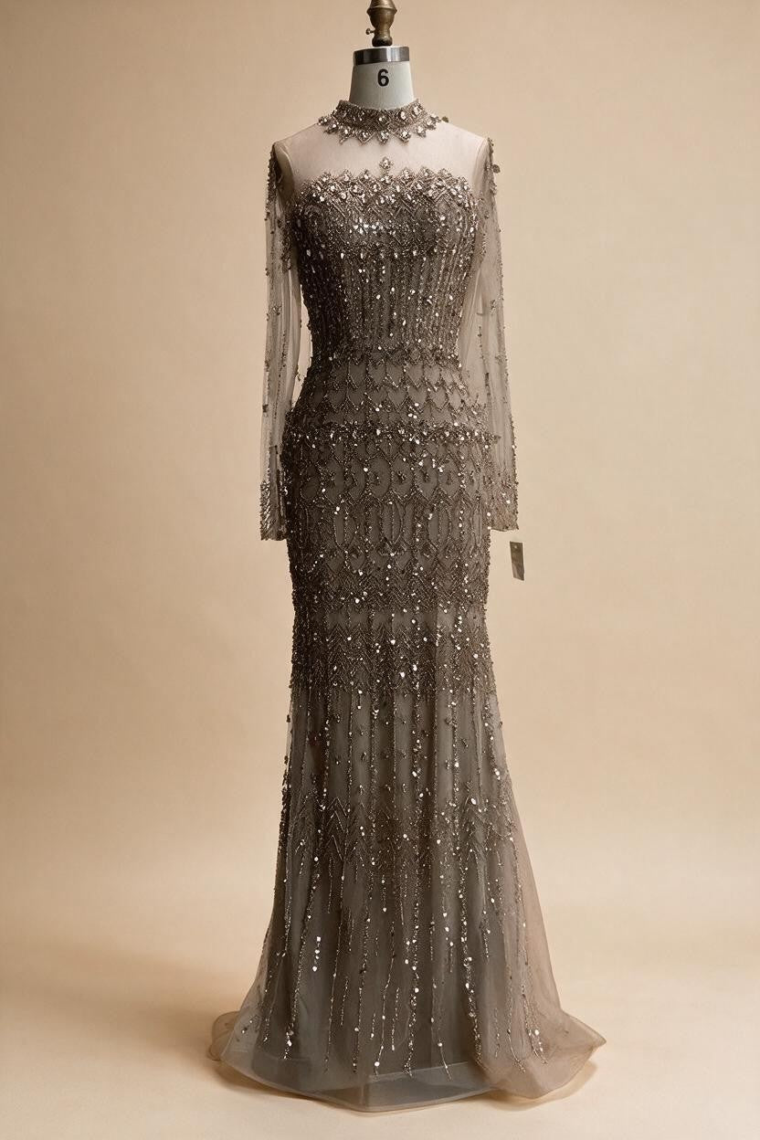 Zapdress High Neck Long Sleeves Beaded Mermaid Evening Dress Muslim Wedding Party Gowns for Women DLA72714C Customized (ZD17264)