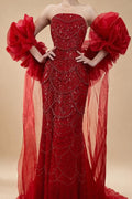 Zapdress Red Strapless Mermaid Pearls Beaded Evening Dress with Cape Wedding Party Gowns for Women DLA72585 Customized (ZD17266)