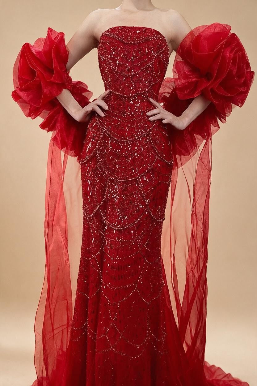 Zapdress Red Strapless Mermaid Pearls Beaded Evening Dress with Cape Wedding Party Gowns for Women DLA72585 Customized (ZD17266)