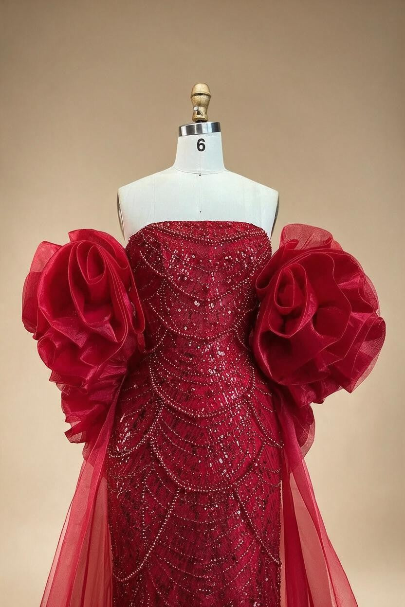 Zapdress Red Strapless Mermaid Pearls Beaded Evening Dress with Cape Wedding Party Gowns for Women DLA72585 Customized (ZD17266)