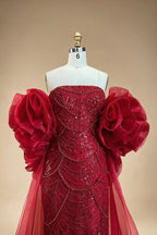 Zapdress Red Strapless Mermaid Pearls Beaded Evening Dress with Cape Wedding Party Gowns for Women DLA72585 Customized (ZD17266)