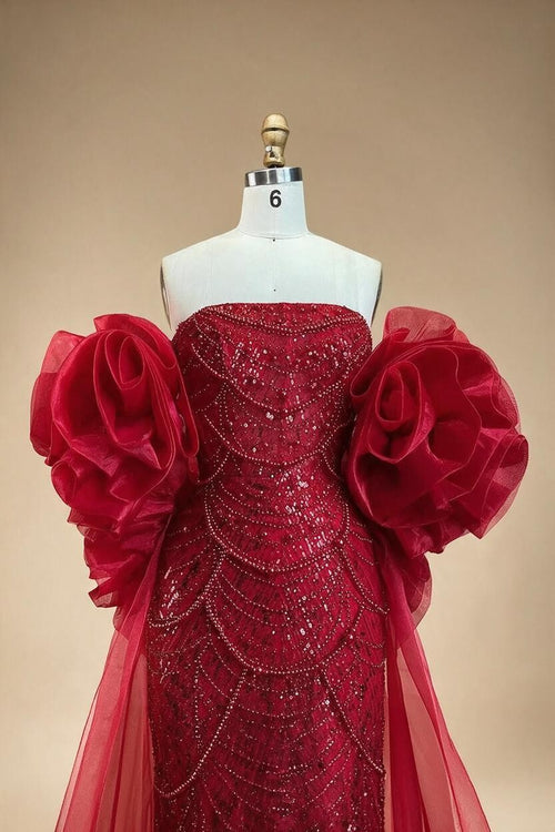 Zapdress Red Strapless Mermaid Pearls Beaded Evening Dress with Cape Wedding Party Gowns for Women DLA72585 Customized (ZD17266)