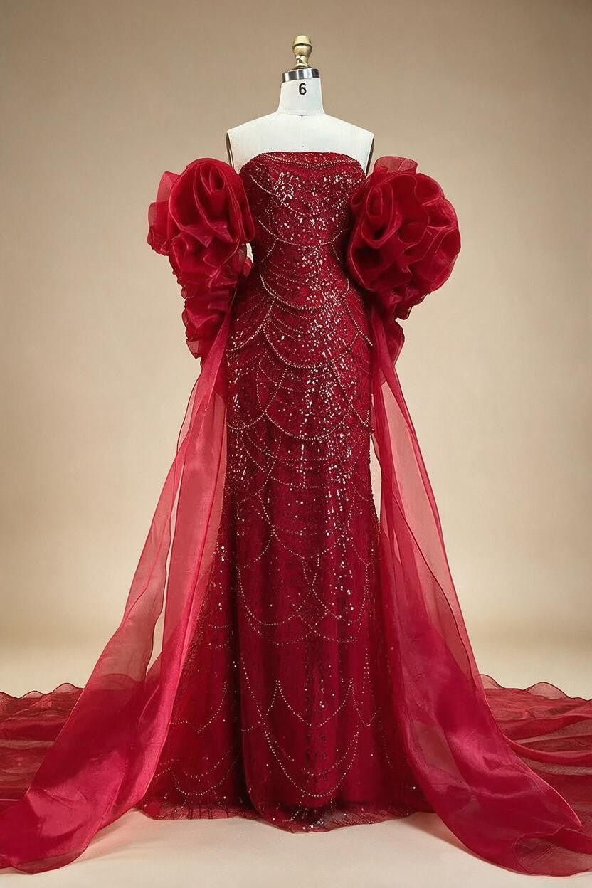 Zapdress Red Strapless Mermaid Pearls Beaded Evening Dress with Cape Wedding Party Gowns for Women DLA72585 Customized (ZD17266)