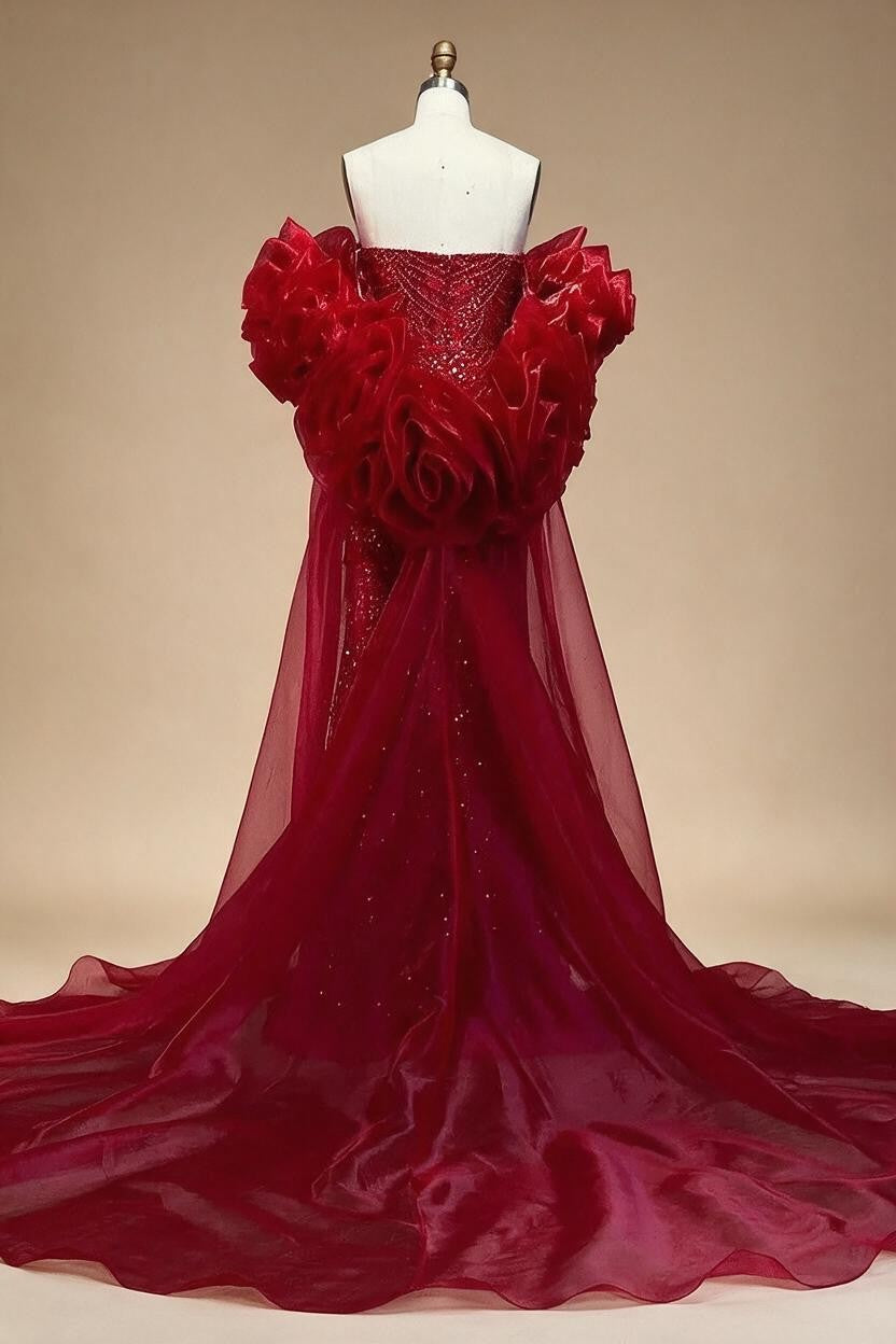 Zapdress Red Strapless Mermaid Pearls Beaded Evening Dress with Cape Wedding Party Gowns for Women DLA72585 Customized (ZD17266)
