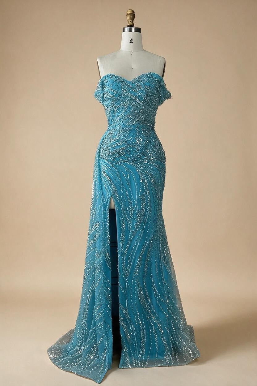 Zapdress Light Blue Off Shoulder Mermaid High Split Beaded Evening Dresses Party Gowns For Women 2025 DLA72262 Customized (ZD17269)