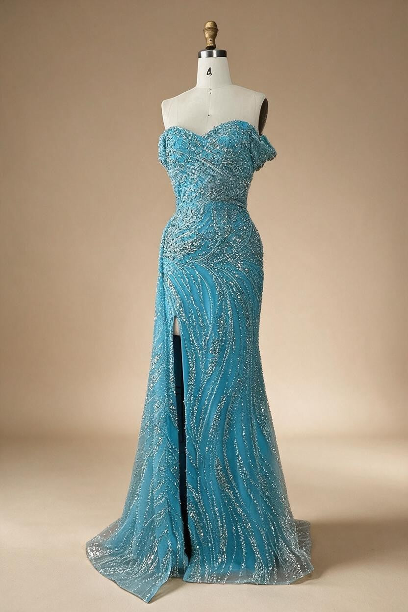 Zapdress Light Blue Off Shoulder Mermaid High Split Beaded Evening Dresses Party Gowns For Women 2025 DLA72262 Customized (ZD17269)