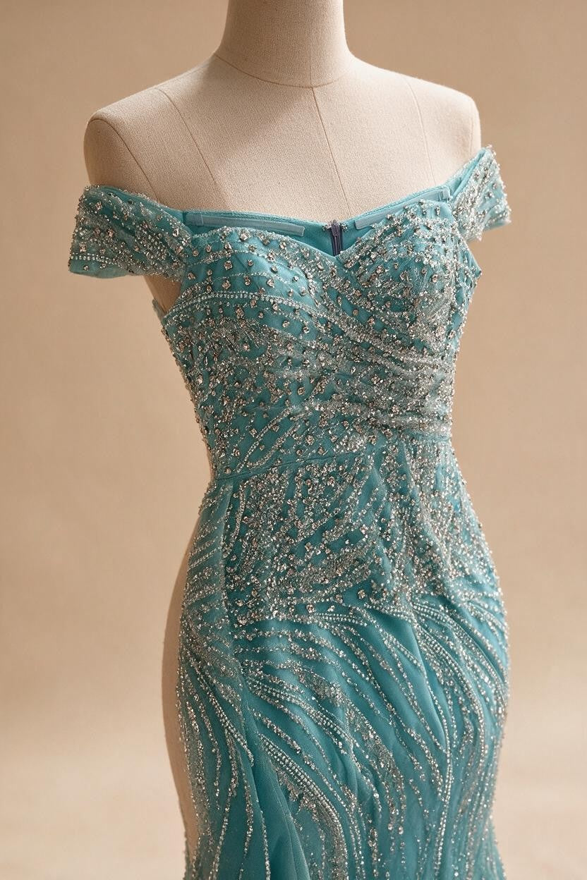 Zapdress Light Blue Off Shoulder Mermaid High Split Beaded Evening Dresses Party Gowns For Women 2025 DLA72262 Customized (ZD17269)
