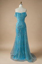 Zapdress Light Blue Off Shoulder Mermaid High Split Beaded Evening Dresses Party Gowns For Women 2025 DLA72262 Customized (ZD17269)