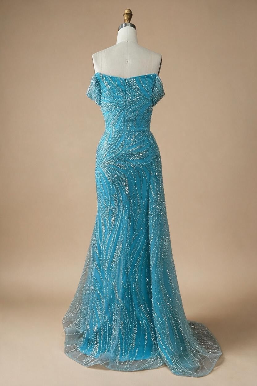 Zapdress Light Blue Off Shoulder Mermaid High Split Beaded Evening Dresses Party Gowns For Women 2025 DLA72262 Customized (ZD17269)