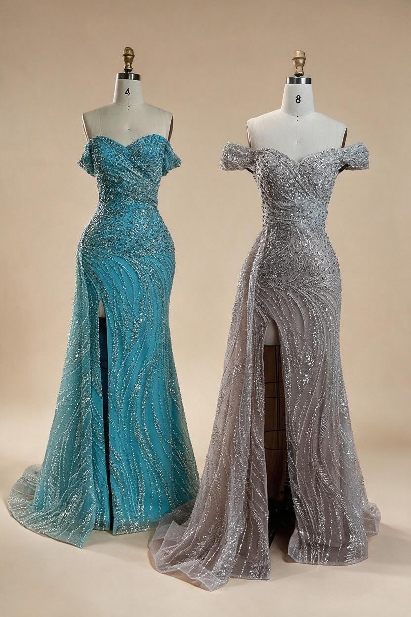 Zapdress Light Blue Off Shoulder Mermaid High Split Beaded Evening Dresses Party Gowns For Women 2025 DLA72262 Customized (ZD17269)