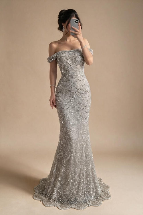 Zapdress Pearl Beaded Off Shoulder Mermaid Evening Gown High-end Formal Occasion Party Dress Kosov Customized DLA73395A (ZD17278)