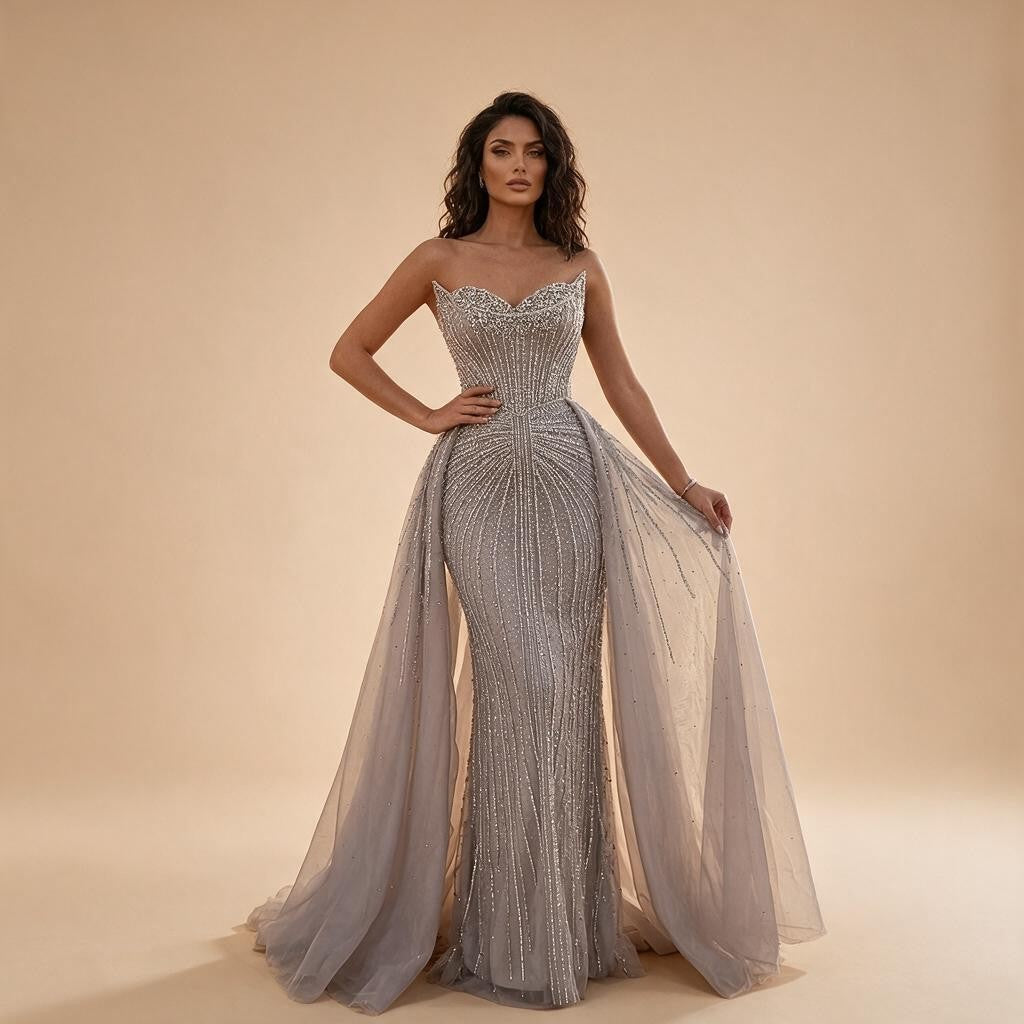 Zapdress Caramel Beaded Tulle Evening Dress Strapless Sweetheart Formal Party Gown with Over-skirt DLA72811D Customized (ZD17282)
