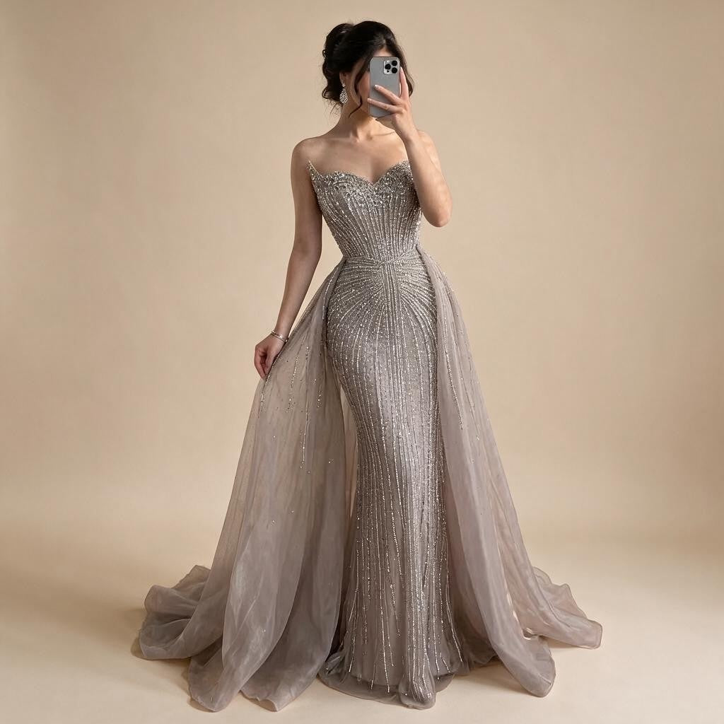 Zapdress Caramel Beaded Tulle Evening Dress Strapless Sweetheart Formal Party Gown with Over-skirt DLA72811D Customized (ZD17282)