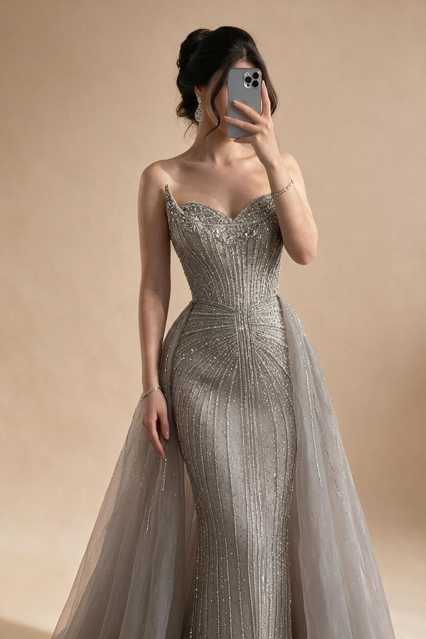 Zapdress Caramel Beaded Tulle Evening Dress Strapless Sweetheart Formal Party Gown with Over-skirt DLA72811D Customized (ZD17282)