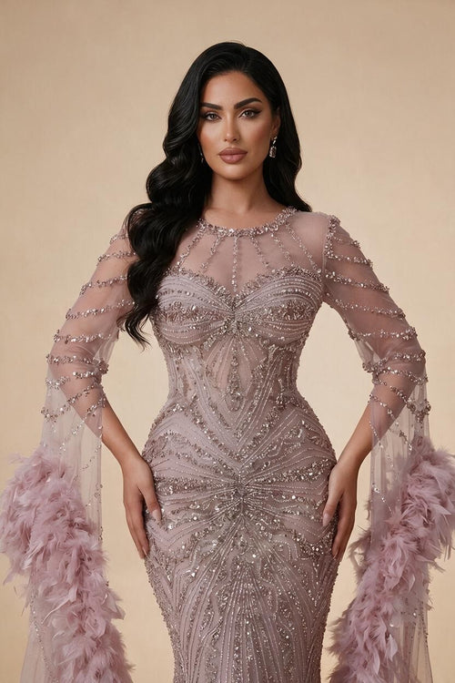 Zapdress Pink Luxury Beaded Mermaid Evening Dress Gowns with Feathers for Formal Occasion Customized DLA72708A (ZD17284)