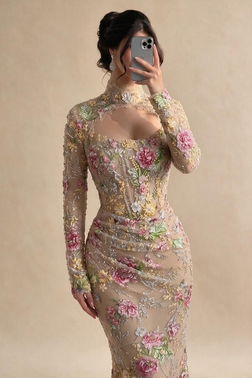 Zapdress Mermaid Long Sleeves Evening Dress Flower Pattern Formal Wedding Party Gowns for Women 2026 DLA73552F Customized (ZD17291)