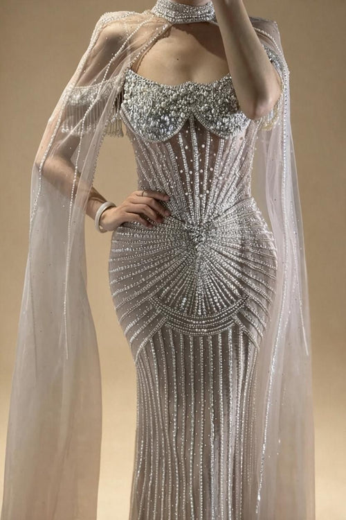 Zapdress 2026 Pearl Beaded Mermaid Caramel Evening Dresses Elegant Formal Party Gown with Sheer Cape Customized DLA73148C (ZD17292)