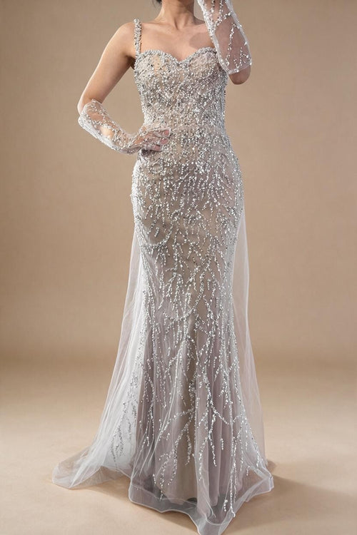 Zapdress White Nude Mermaid Pearls Evening Dresses with Gloves Wedding Party Gowns for Women 2026 Customized DLA72345E (ZD17304)